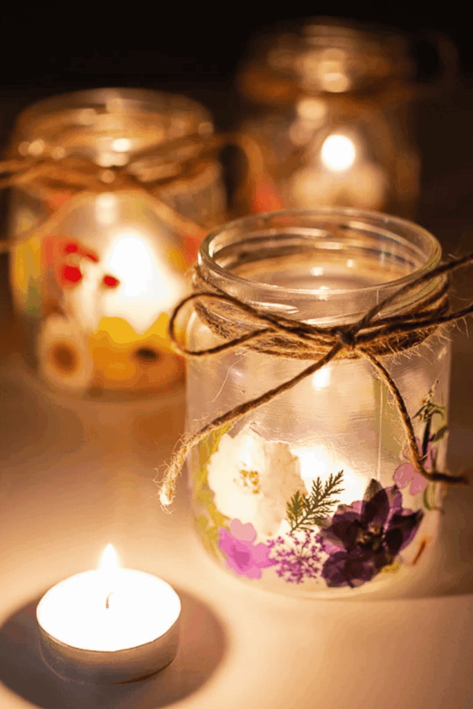 Mason jar candle holders decorated with pressed flowers and twine, glowing with tealights