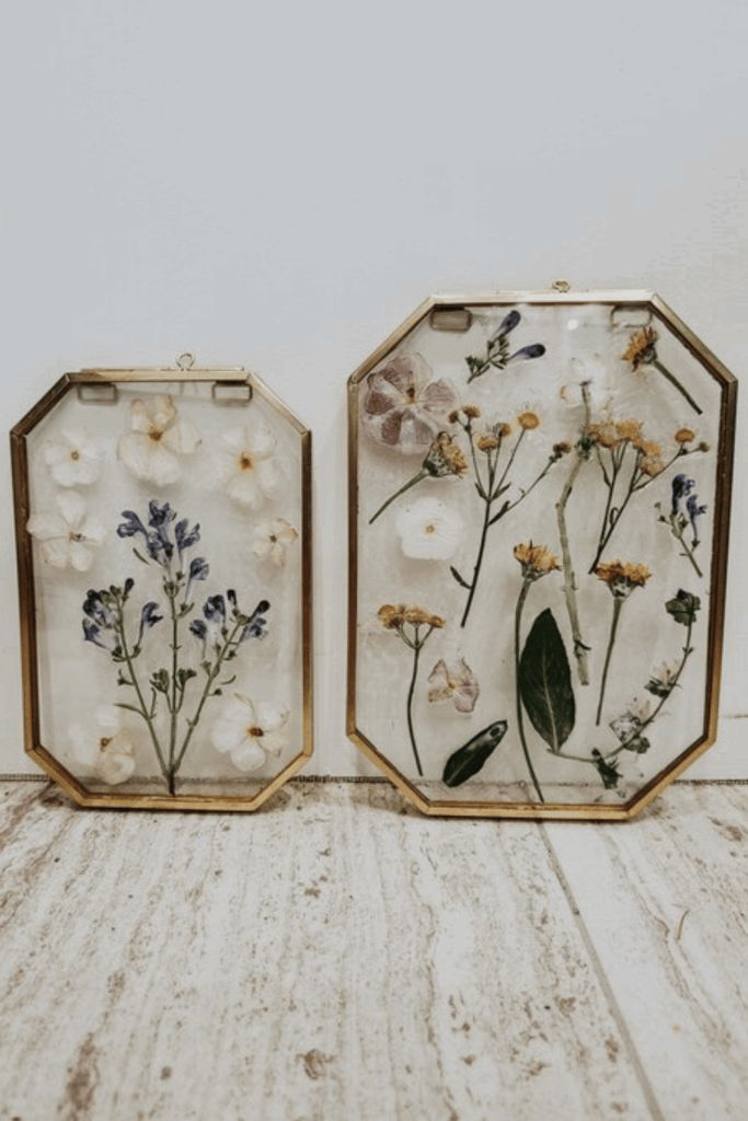 Two framed pieces of pressed flower art on a wooden floor