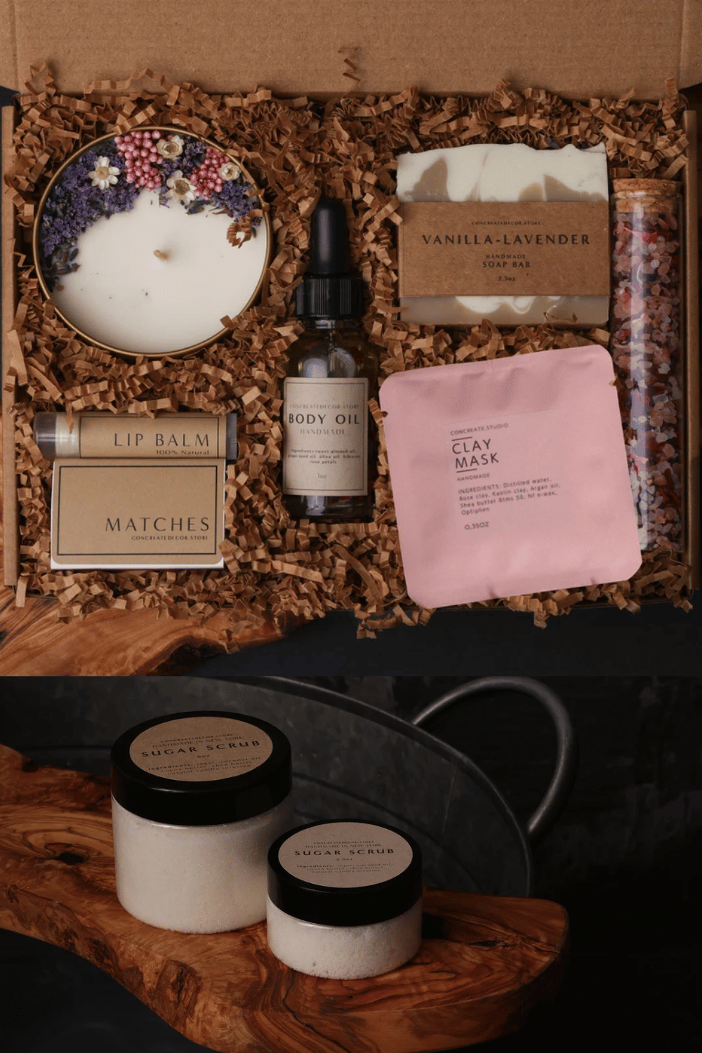 DIY spa gift box with lavender soap, body oil, lip balm, and clay mask
