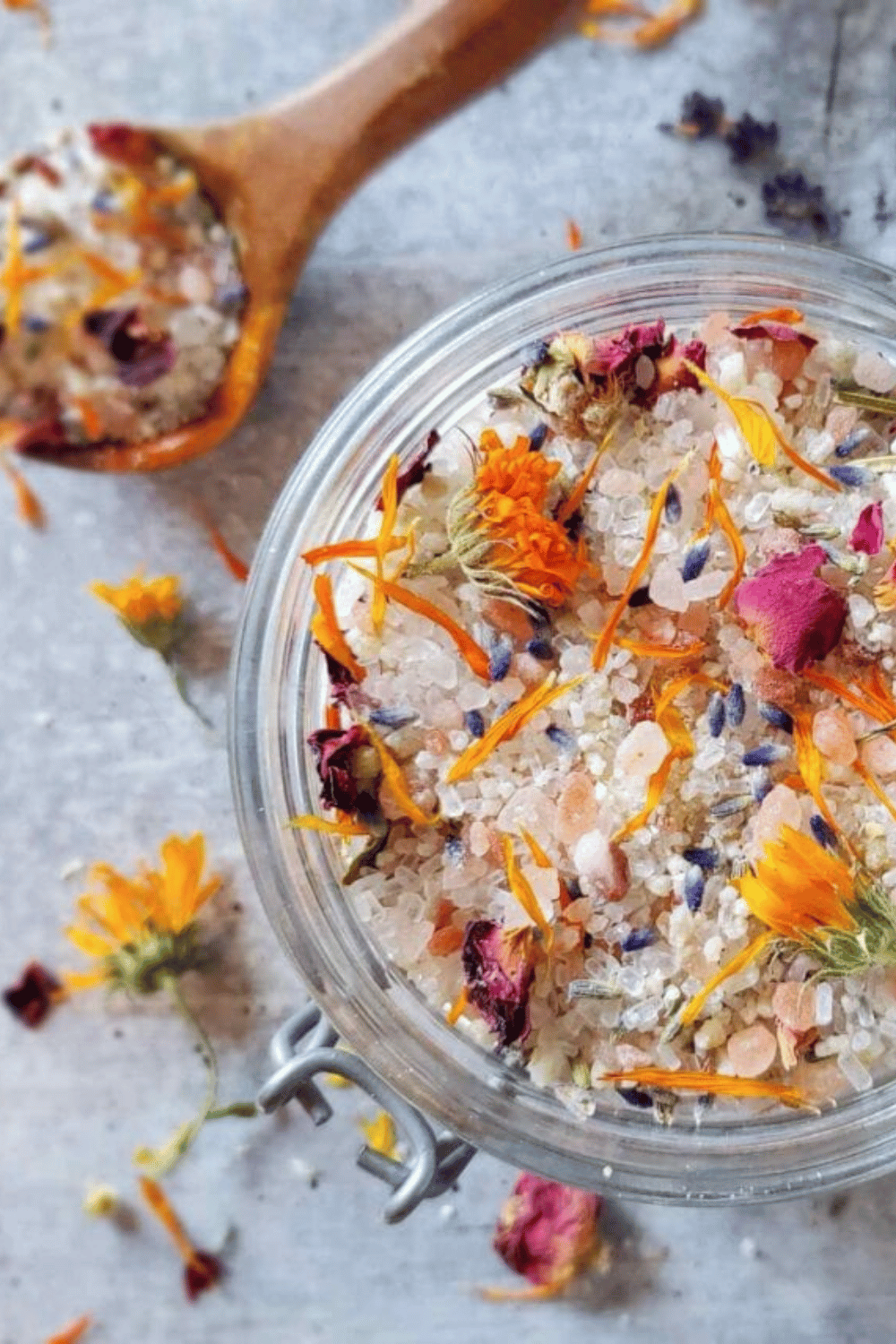 Homemade floral bath salts with dried petals and natural ingredients