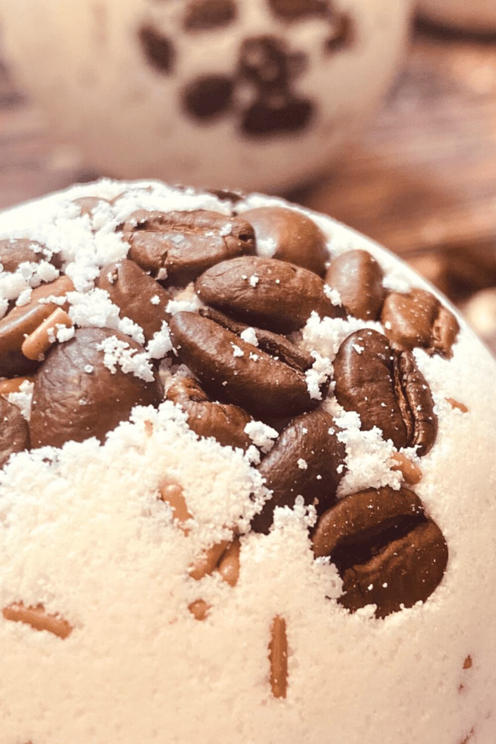DIY coffee bean bath bomb with textured surface and natural decor