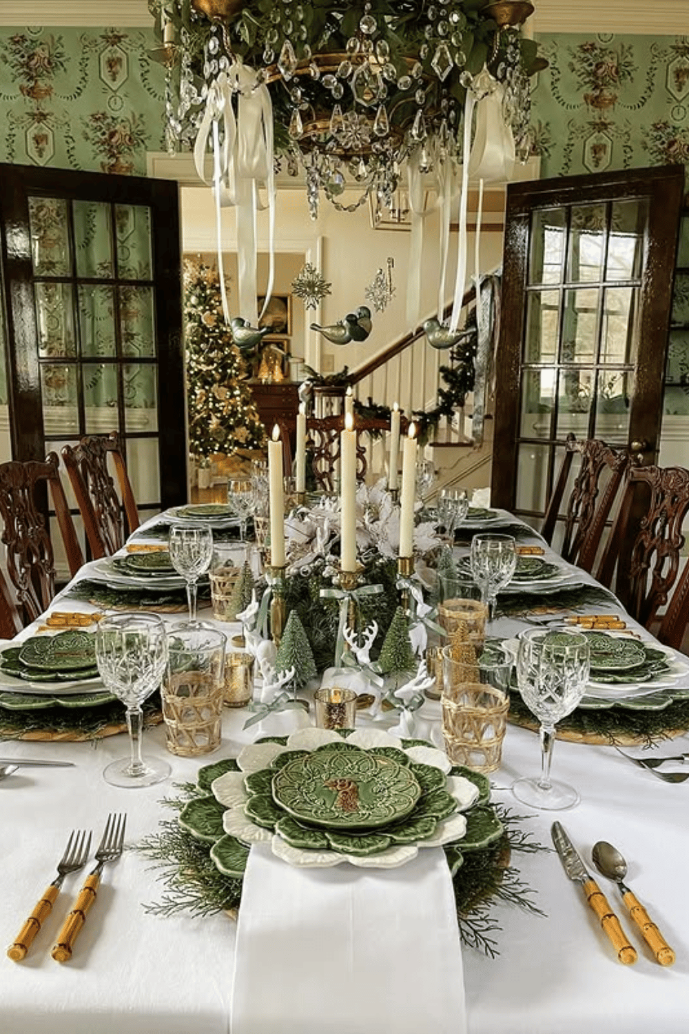 Holiday-inspired wedding table with vintage green china and festive decor