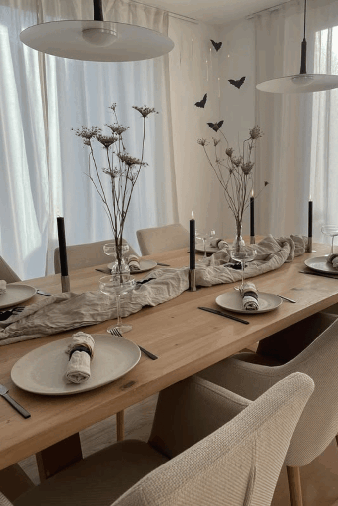 Minimal Halloween table with black candles and neutral linens