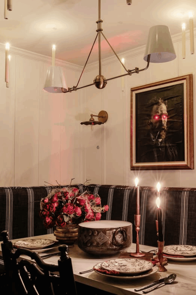 Gothic Halloween dining table with black candles and spooky portrait