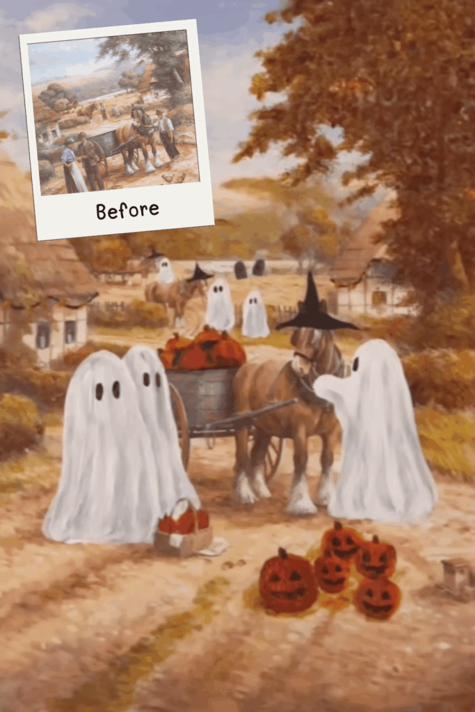 Whimsical ghost family, jack-o’-lanterns, and witch hats added to a rustic village painting.