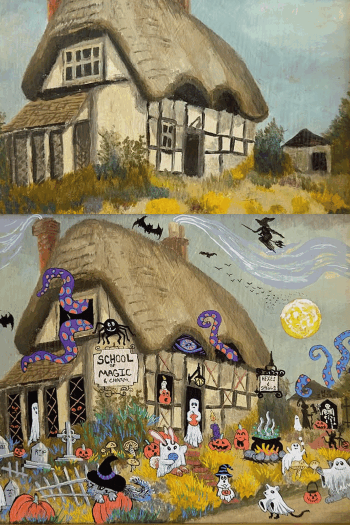 Transformed into a magic school with ghosts, tentacles, signs, and magical creatures.