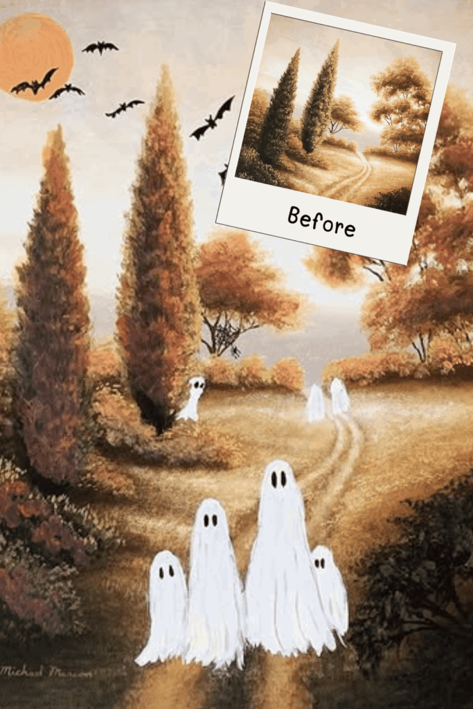 Ghost trio walking down the path with sunset tones, bats, and glowing autumn sky.