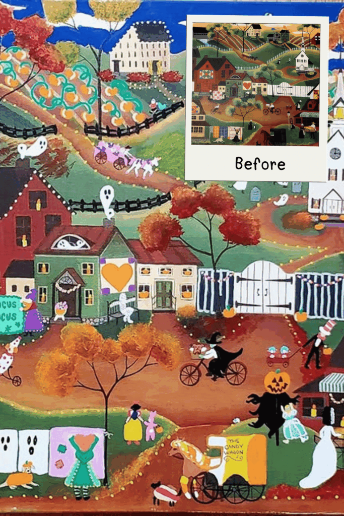 Playful haunted village with Halloween characters, signs, ghosts, and bright fall decor.