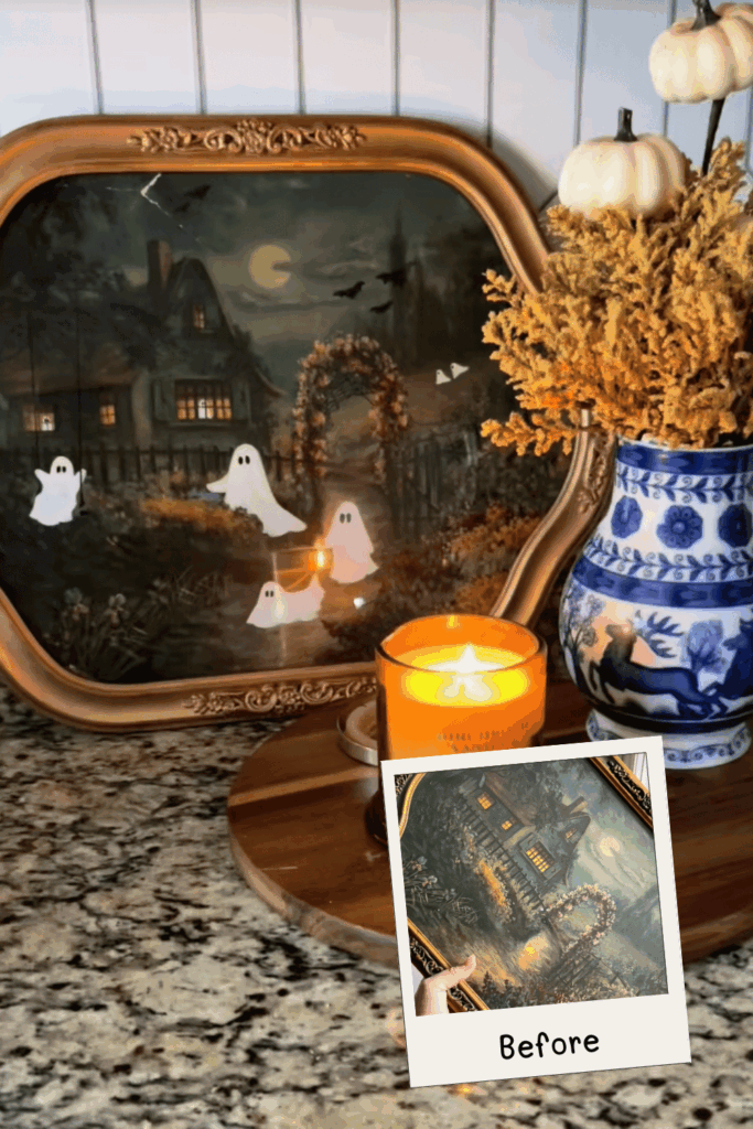 Ghosts floating in a spooky garden with a full moon and candlelit decor.