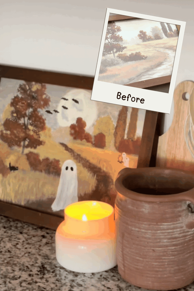 A single friendly ghost and flying bats added to a soft fall scene.