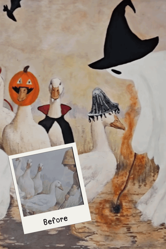 Ducks transformed with Halloween costumes — ghost sheets, hats, and pumpkin heads