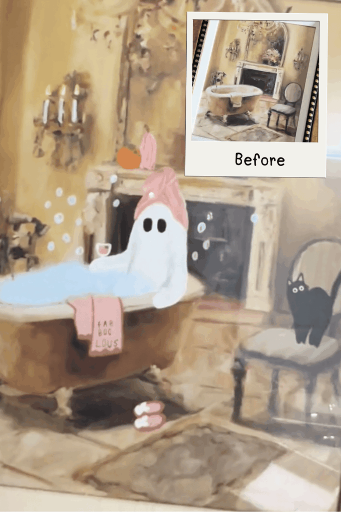 A ghost relaxing in a bubble bath with pink accessories and a black cat.