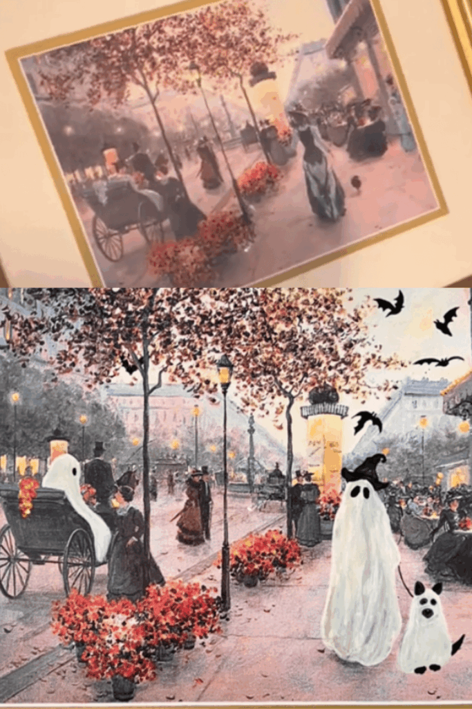 Ghosts strolling among vintage figures and bats flying in a dreamy cityscape.