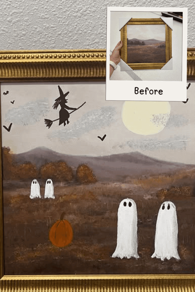 Tiny ghosts, a glowing moon, flying witch, and bats added to a peaceful meadow scene.
