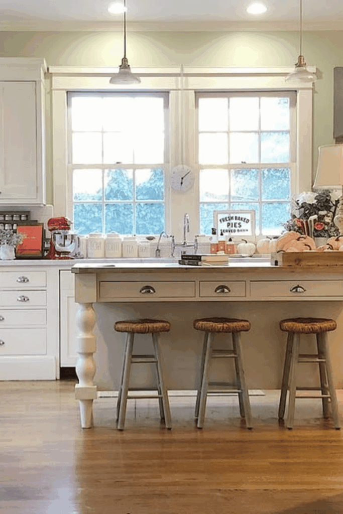 Fresh baked pies sign with pumpkin bread on a fall kitchen counter