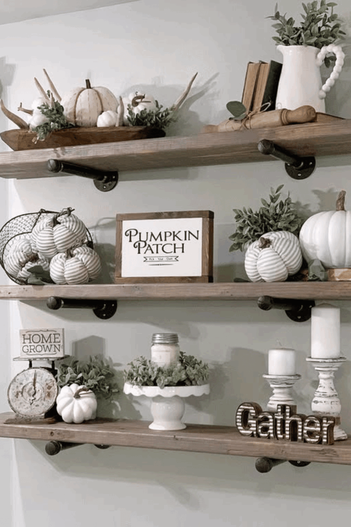 Floating farmhouse kitchen shelves styled with white pumpkins, greenery, candles, and rustic signs