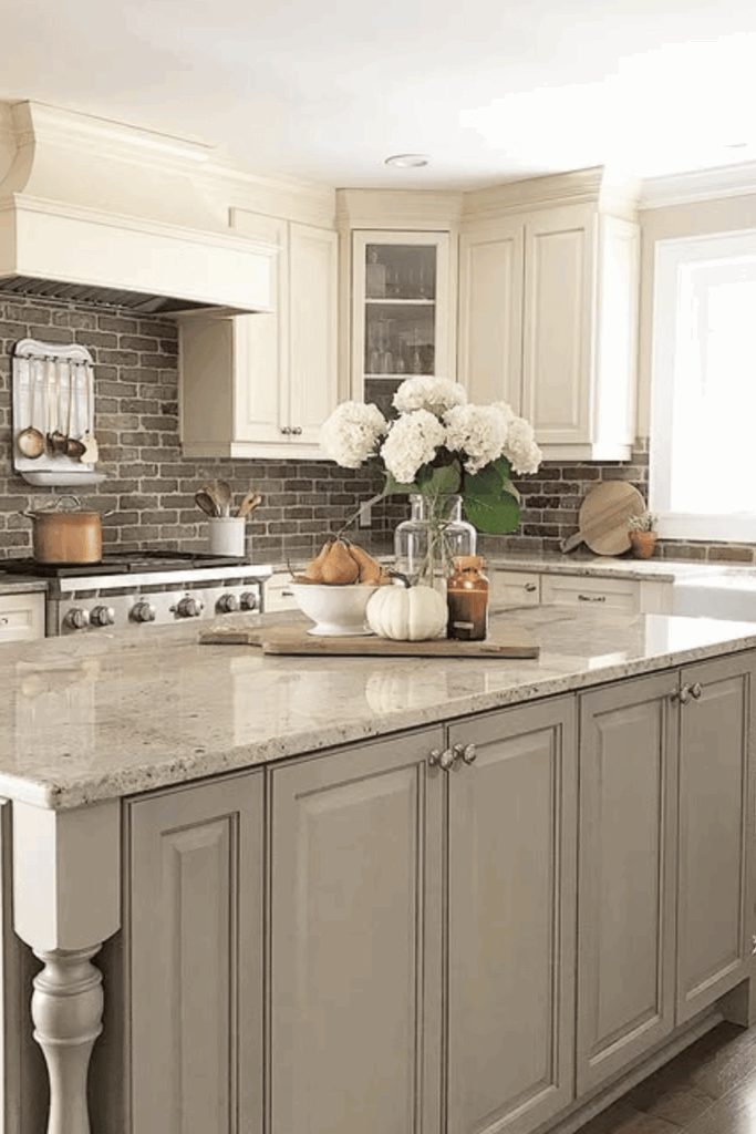 Neutral fall kitchen with brick backsplash, white hydrangeas, pumpkins, and amber candle on island