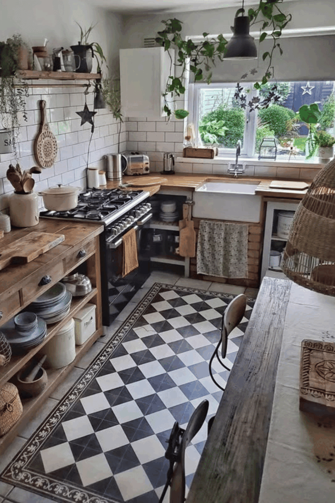 Rustic farmhouse kitchen with black and white checkered floor and hanging greenery for fall