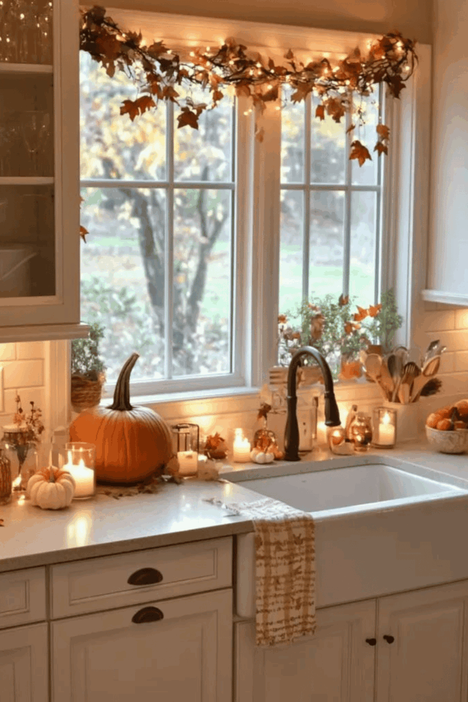 Cozy fall kitchen sink decorated with pumpkins, autumn garland, candles, and warm string lights