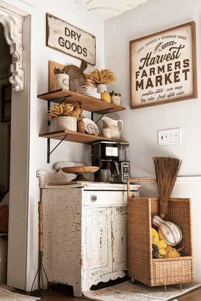 Cozy fall coffee station with pumpkin mugs, candles, and seasonal sign