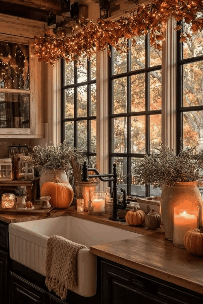 Fall leaves and candles creating a warm seasonal glow in the kitchen