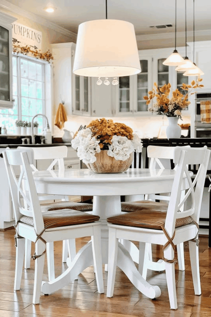 Dining table styled with a basket of fall florals in soft autumn tones