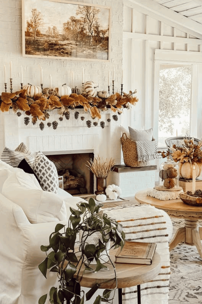 Crisp white pumpkins on a neutral color fall fireplace mantel