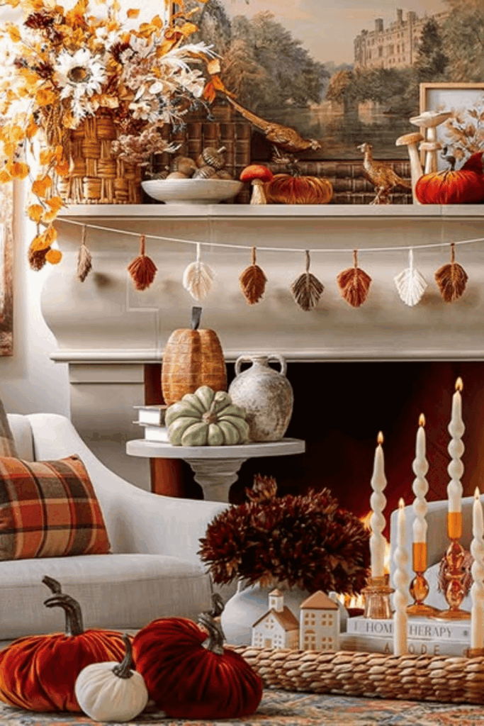 Hobby Lobby fall home decor with garland and faux pumpkins