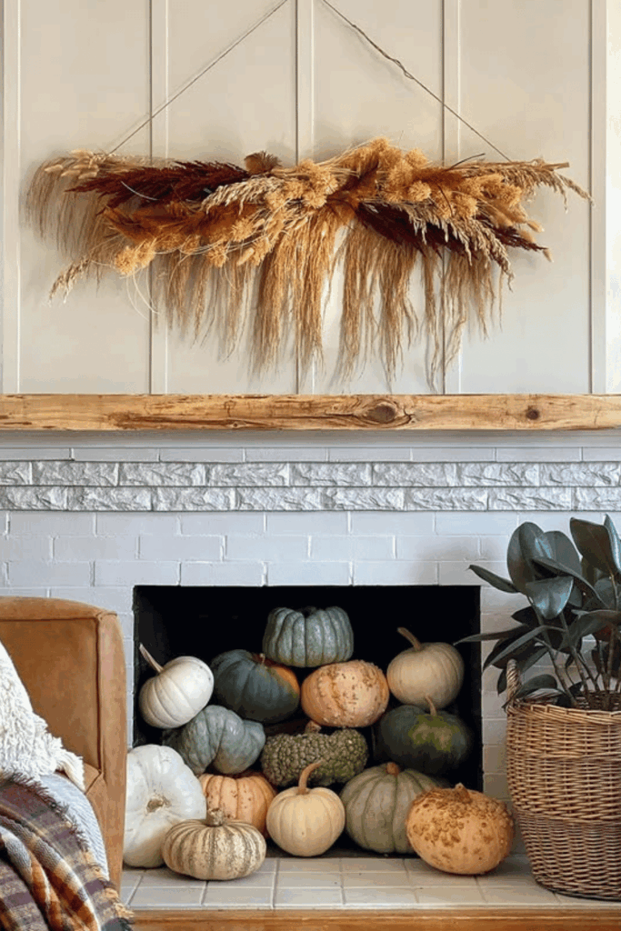 Farmhouse fall decor with white vases and faux pumpkins on mantel