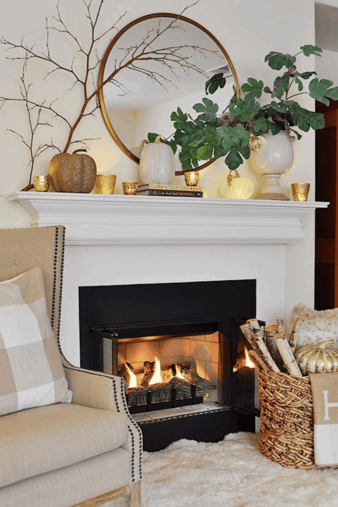 Natural elements like oak leaves styled on a fall fireplace mantel