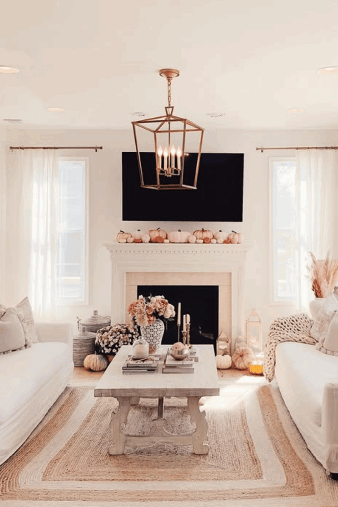 Mini pumpkins sprinkled across a fall mantel for simple decor