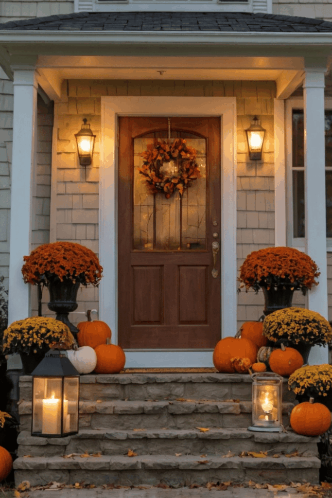 Fall front porch with autumn wreath, stacked pumpkins, and lanterns on steps