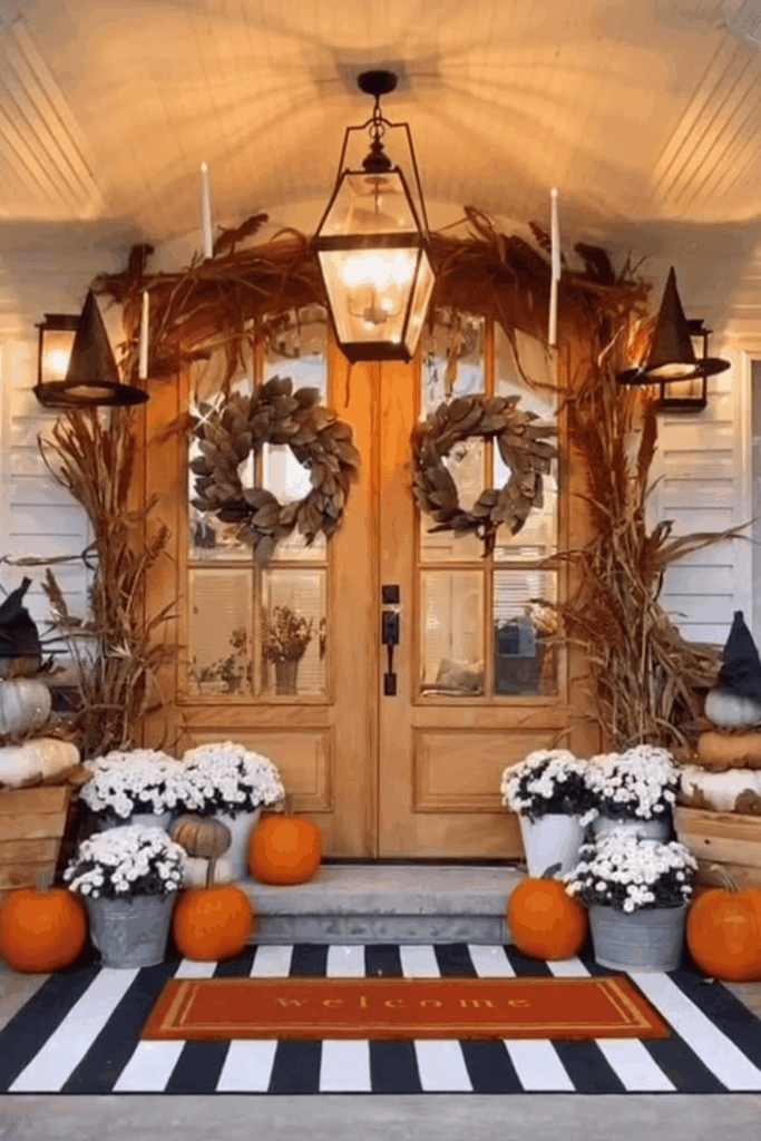 Bold fall porch decor with striped rug, orange pumpkins, and white mums