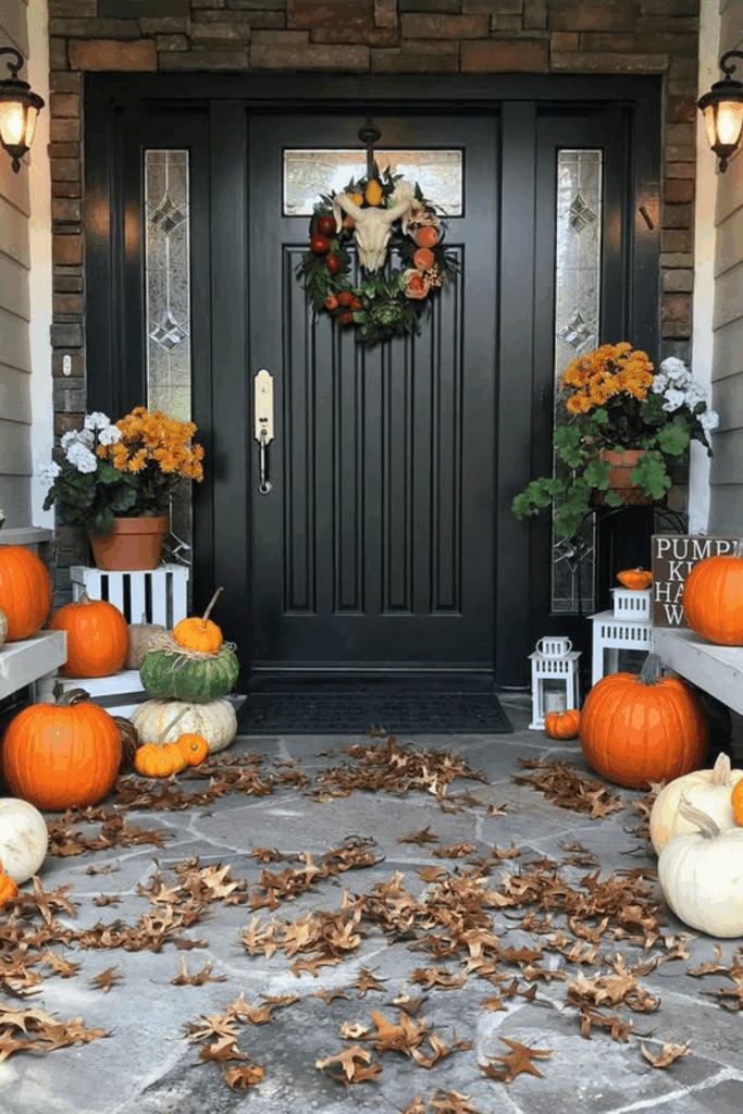 Colorful fall porch with pumpkins in orange, pink, and sage green with mums