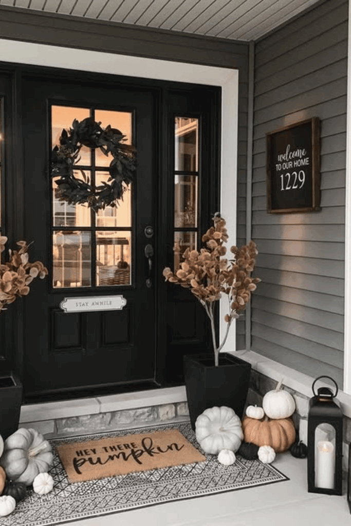 Dark front door with copper leaves, pumpkins, and earthy fall wreath