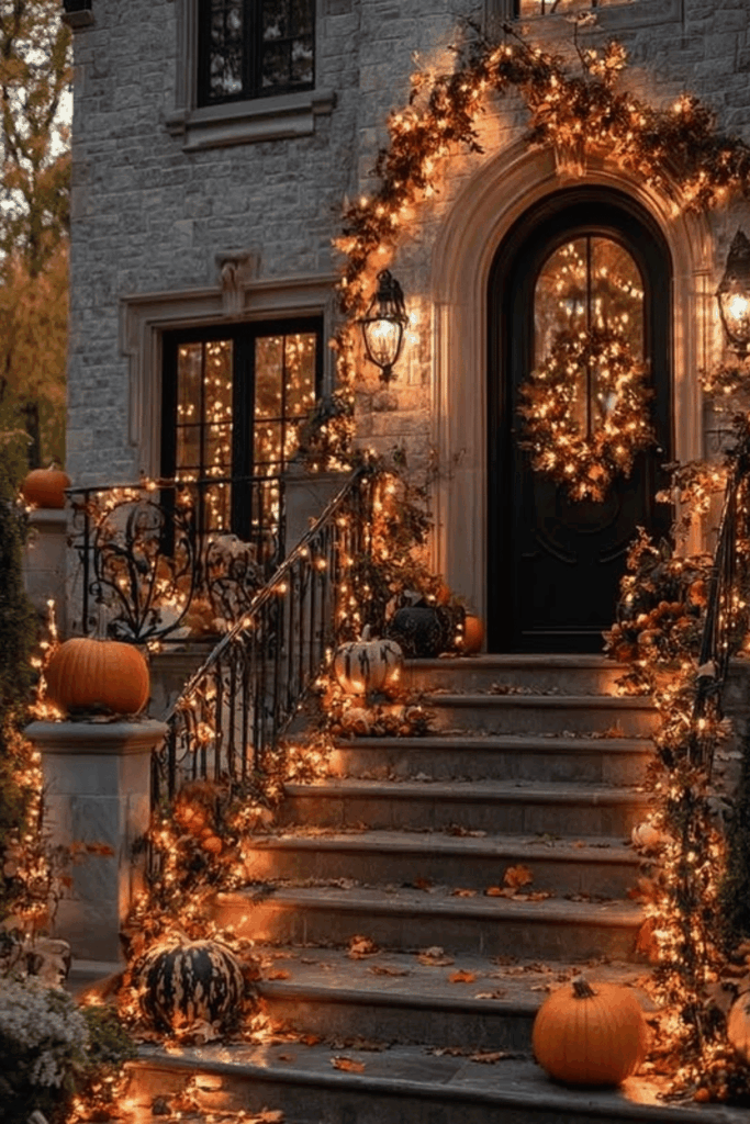 9. Fall porch with lanterns, glowing pumpkins, and string lights at dusk