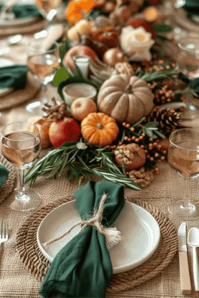 Fall table with fresh herbs, apples, and burlap runner 
