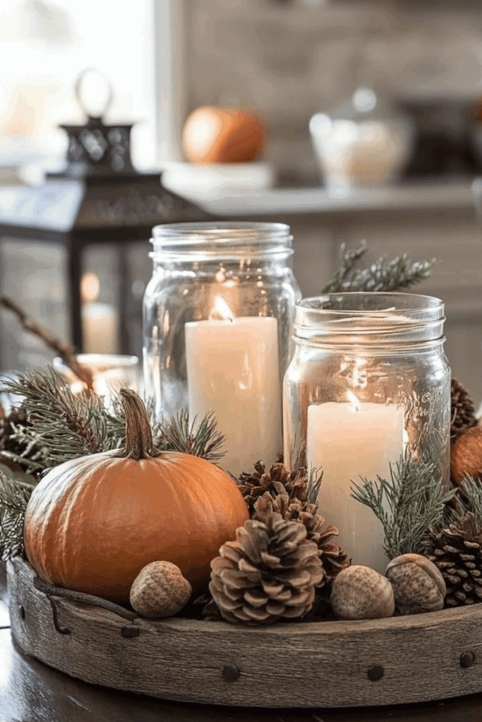 Wooden tray centerpiece with candles, pinecones, and pumpkins 