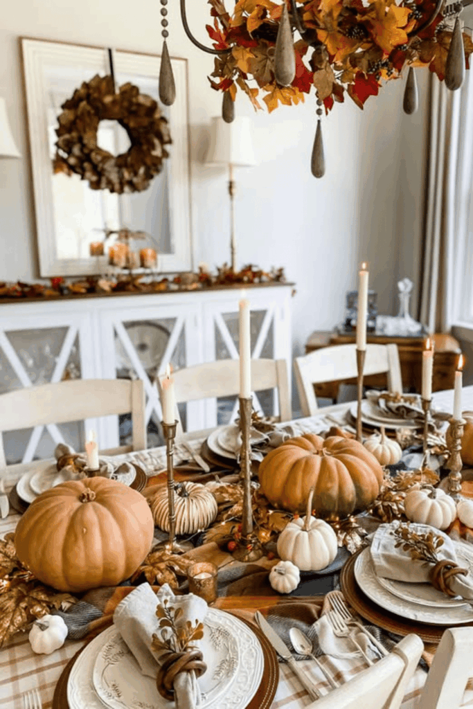 Fall dining table centerpiece with pumpkins and candlelight
