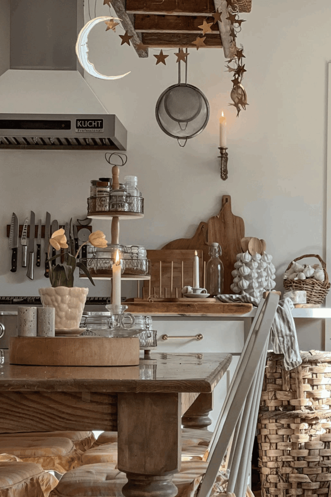 Tiered kitchen table display with fall candles and florals