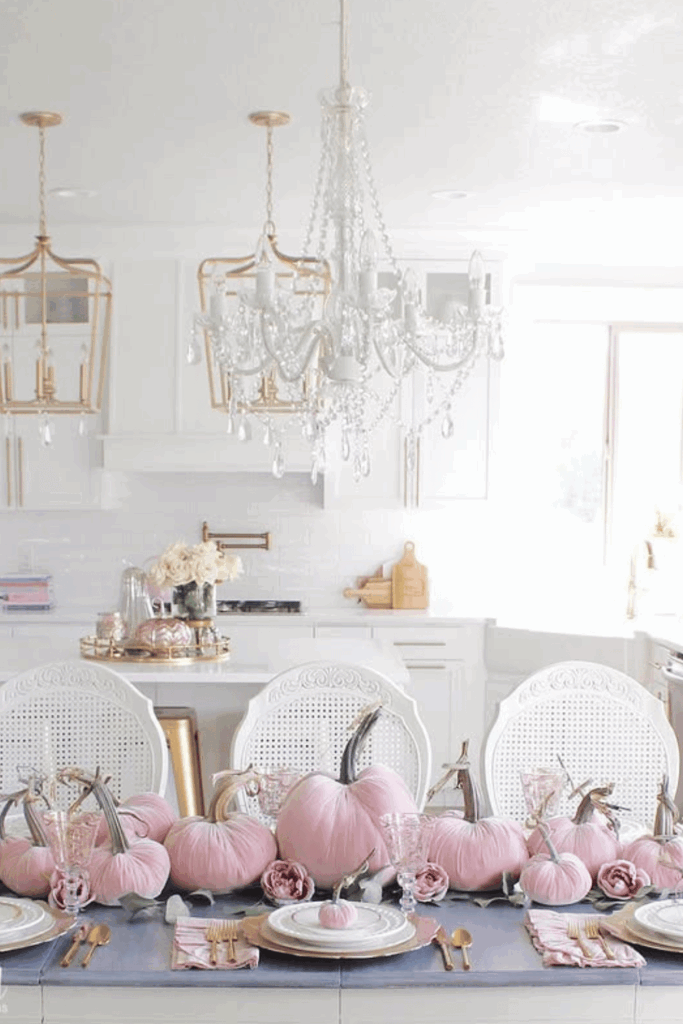 Romantic fall table with pink pumpkins and gold cutlery