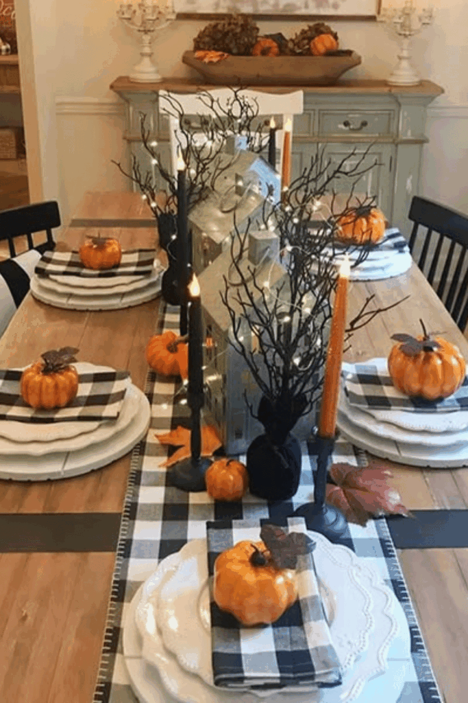 Buffalo check napkins paired with mini pumpkins for fall table