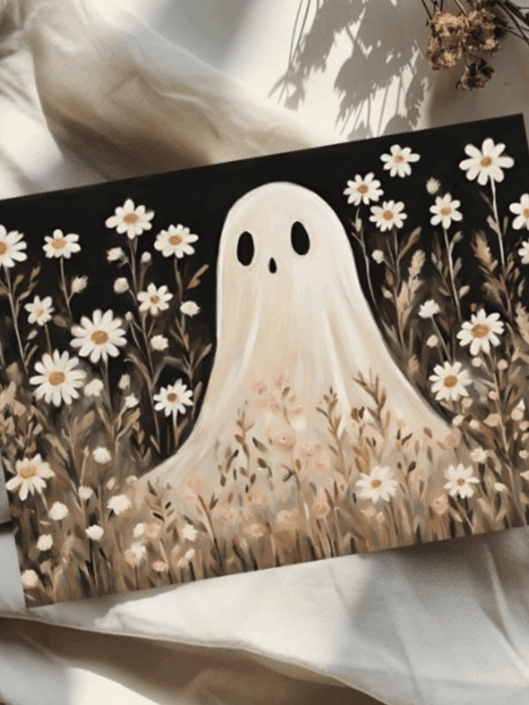 Ghost among daisies in a soft pastel field