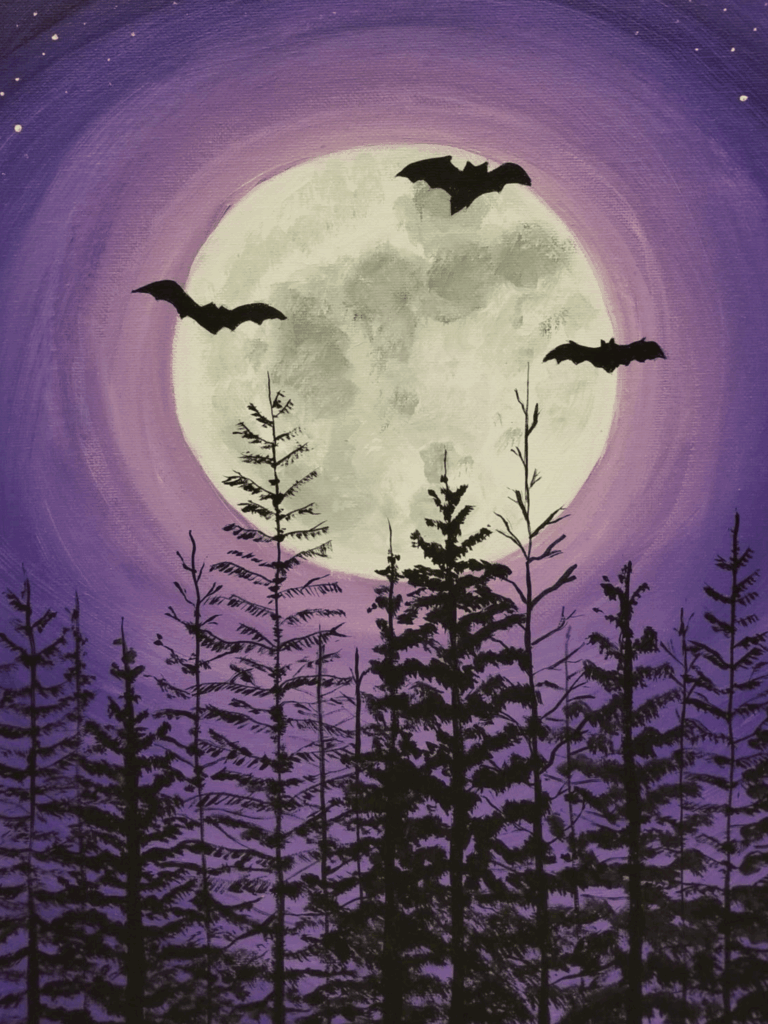 Purple moon painting with bats and silhouetted trees