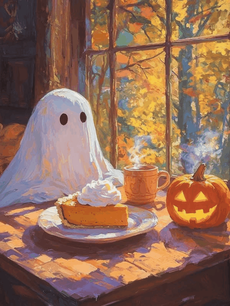 Ghost enjoying pumpkin pie on a cozy fall afternoon