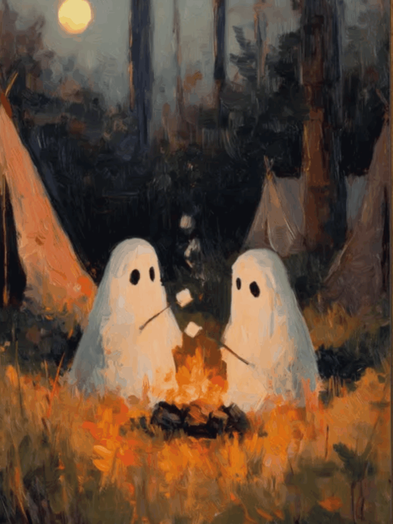 Ghost friends toasting marshmallows around a campfire