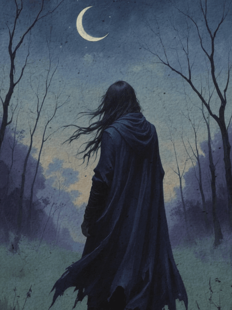 Mysterious cloaked silhouette under a full moon