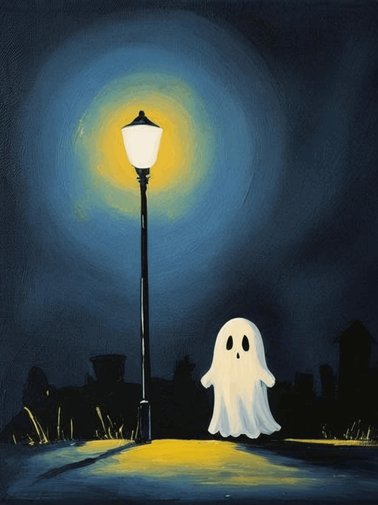 Whimsical ghost in a glowing night street scene