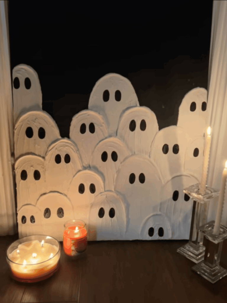 Cozy ghost crowd scene with glowing candlelight background