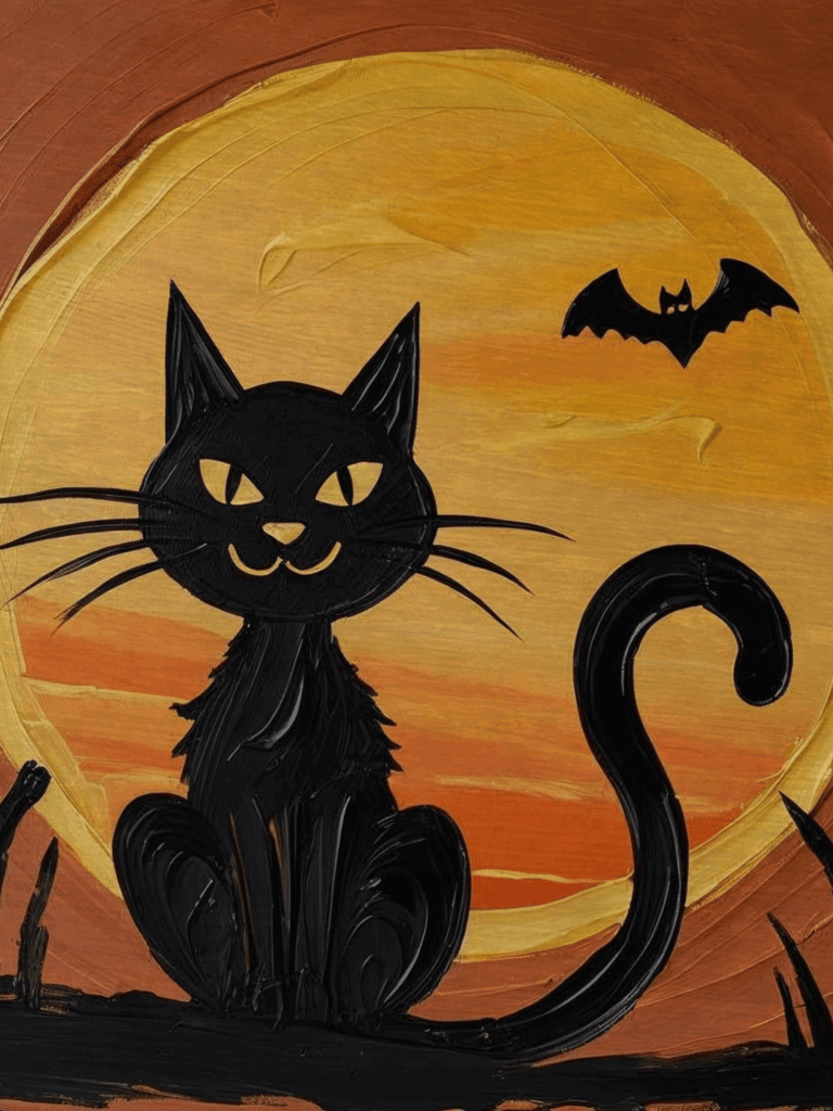 Black cat against a golden sunset Halloween moon